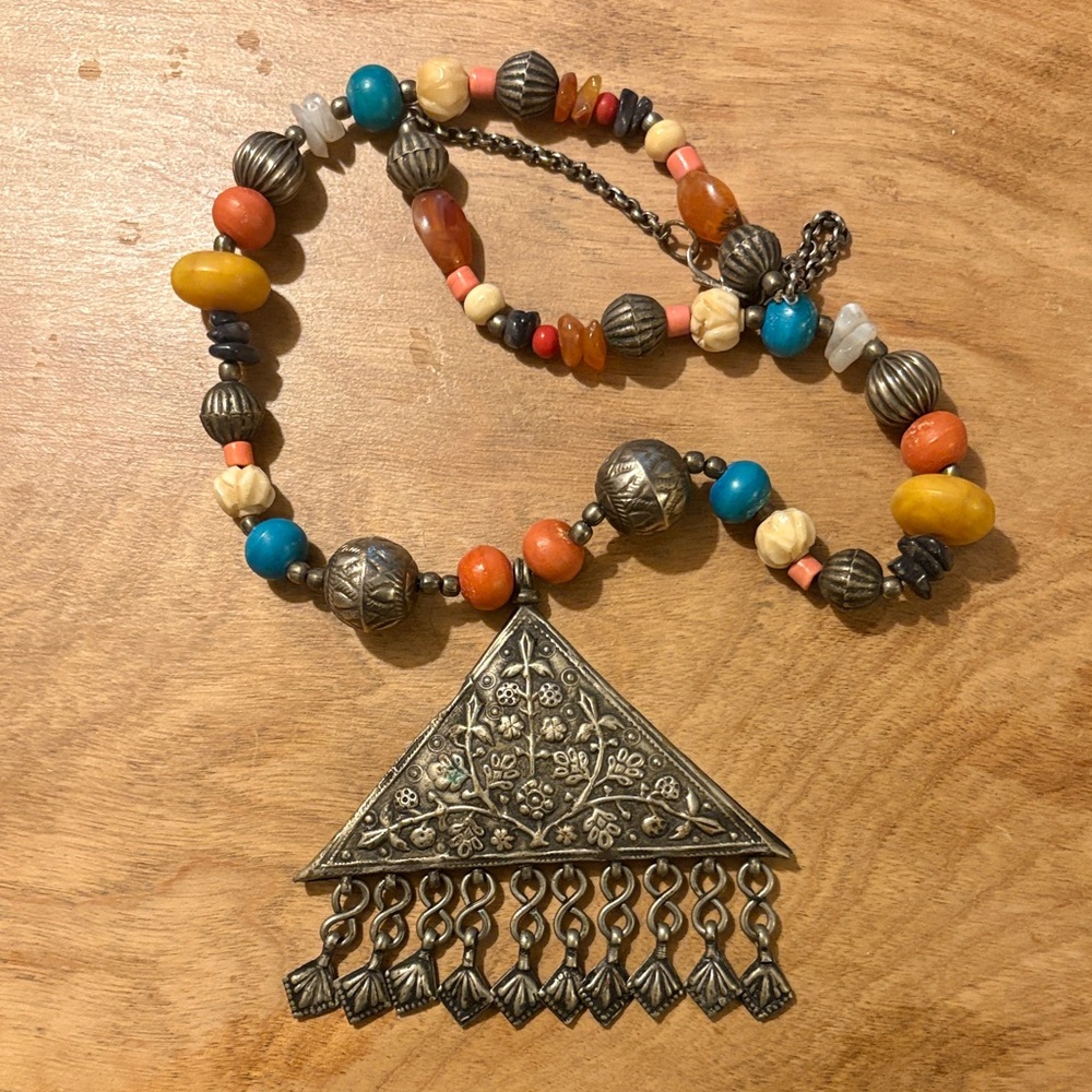 Antique Tibetan Necklace with Silver Pendant